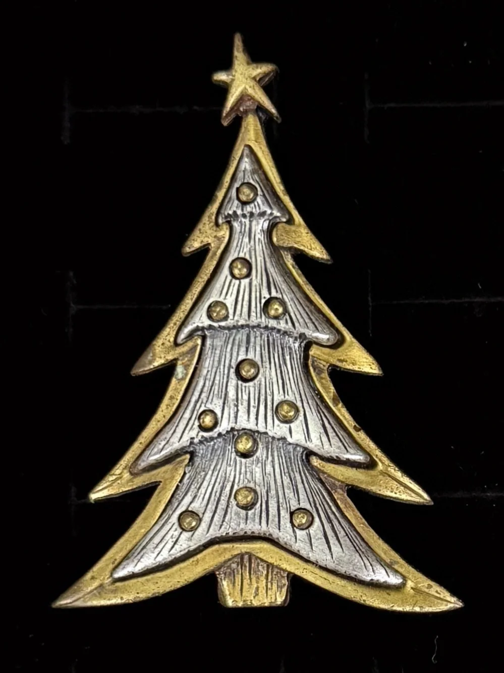 Vintage Two Tone Christmas Tree Brooch Star Topper Holiday Statement Pin